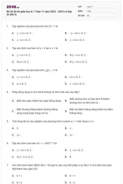 Bộ 20 đề thi giữa học kì 1 Toán 11 năm 2022 - 2023 có đáp án (Đề 5)