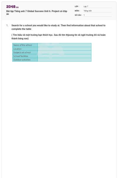 Bài tập Tiếng anh 7 Global Success Unit 6. Project có đáp án