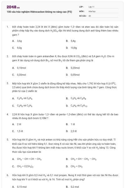 100 câu trắc nghiệm Hidrocacbon không no nâng cao (P3)