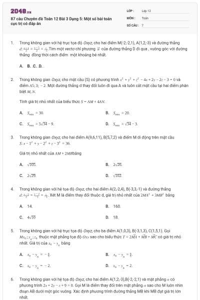 87 câu Chuyên đề Toán 12 Bài 3 Dạng 5: Một số bài toán cực trị có đáp án