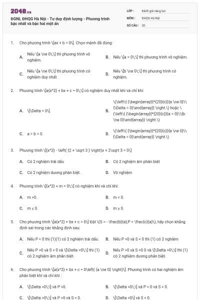 ĐGNL ĐHQG Hà Nội - Tư duy định lượng - Phương trình bậc nhất và bậc hai một ẩn