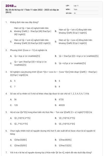 Bộ 20 đề thi học kì 1 Toán 11 năm 2022 - 2023 có đáp án (Đề 6)