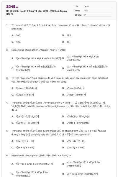Bộ 20 đề thi học kì 1 Toán 11 năm 2022 - 2023 có đáp án (Đề 7)