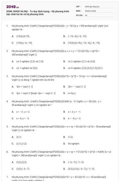ĐGNL ĐHQG Hà Nội - Tư duy định lượng - Hệ phương trình bậc nhất hai ẩn và hệ phương trình
