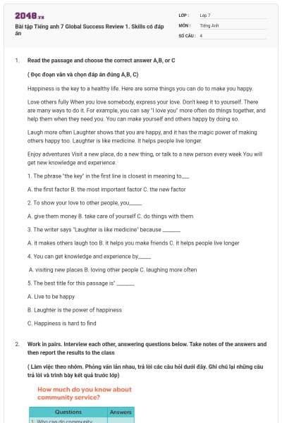 Bài tập Tiếng anh 7 Global Success Review 1. Skills có đáp án