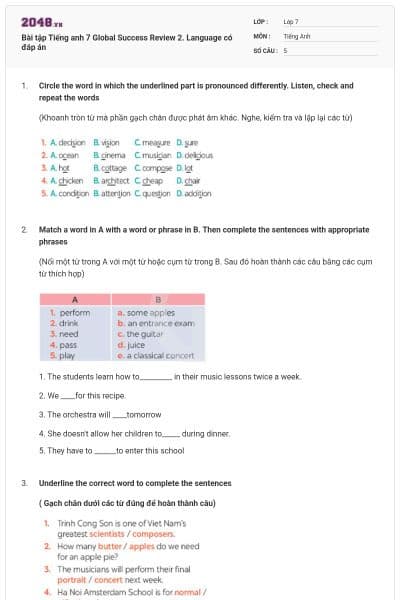 Bài tập Tiếng anh 7 Global Success Review 2. Language có đáp án