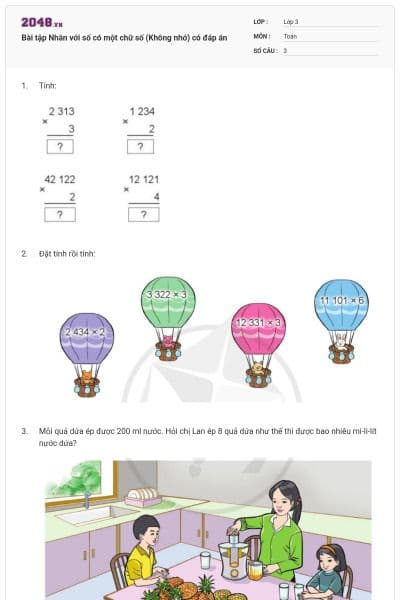 Bài tập Nhân với số có một chữ số (Không nhớ) có đáp án