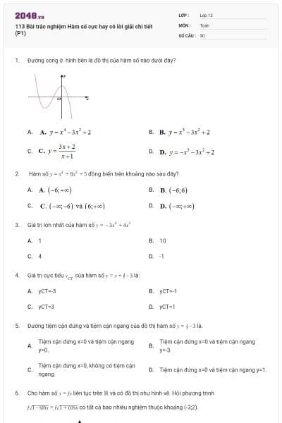 113 Bài trắc nghiệm Hàm số cực hay có lời giải chi tiết (P1)
