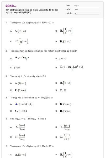 234 bài trắc nghiệm Hàm số mũ và Logarit từ đề thi Đại học cực hay có lời giải (P2)