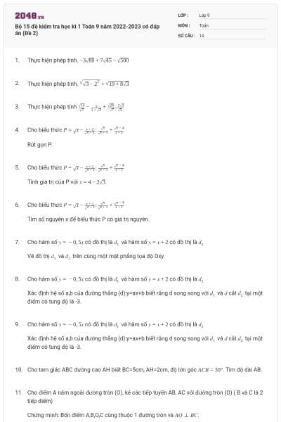 Bộ 15 đề kiểm tra học kì 1 Toán 9 năm 2022-2023 có đáp án (Đề 2)