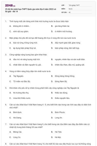 25 đề thi minh họa THPT Quốc gia môn Địa lí năm 2022 có lời giải - Đề 14