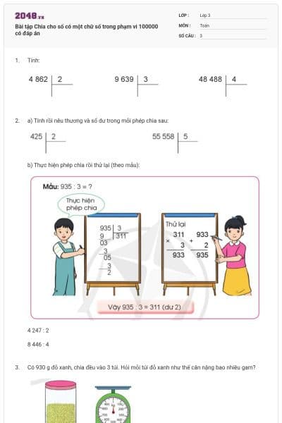 Bài tập Chia cho số có một chữ số trong phạm vi 100000 có đáp án