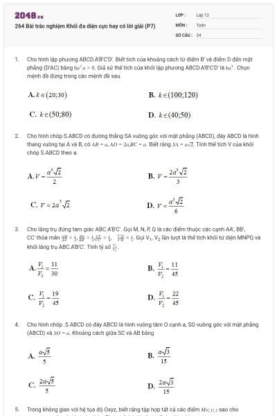 264 Bài trắc nghiệm Khối đa diện cực hay có lời giải (P7)