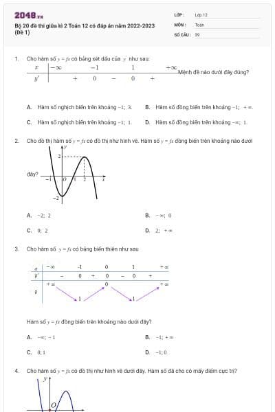Bộ 20 đề thi giữa kì 2 Toán 12 có đáp án năm 2022-2023 (Đề 1)