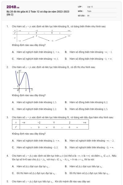 Bộ 20 đề thi giữa kì 2 Toán 12 có đáp án năm 2022-2023 (Đề 2)