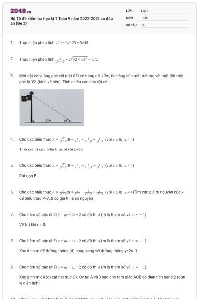 Bộ 15 đề kiểm tra học kì 1 Toán 9 năm 2022-2023 có đáp án (Đề 3)