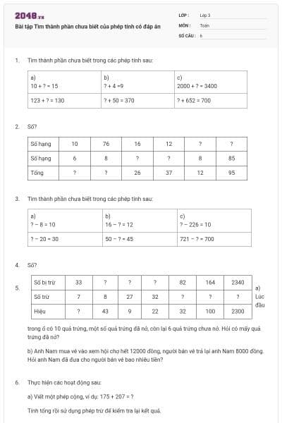 Bài tập Tìm thành phần chưa biết của phép tính có đáp án