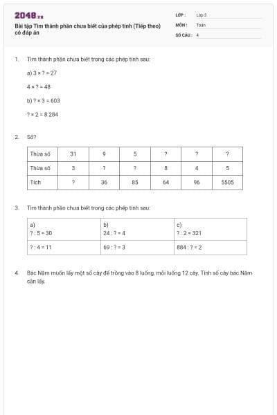 Bài tập Tìm thành phần chưa biết của phép tính (Tiếp theo) có đáp án