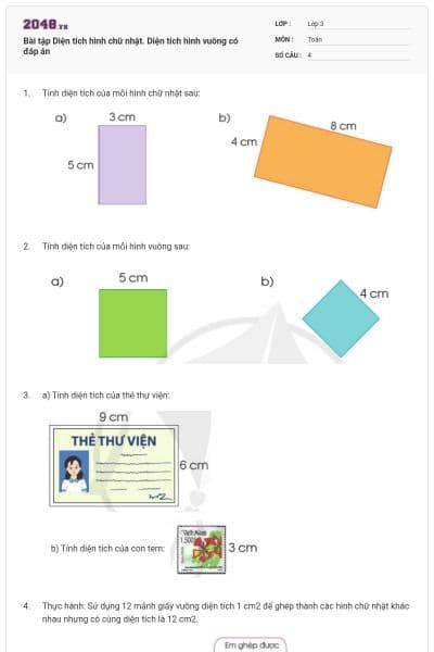 Bài tập Diện tích hình chữ nhật. Diện tích hình vuông có đáp án