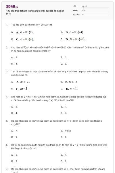 120 câu trắc nghiệm Hàm số từ đề thi đại học có đáp án (P1)