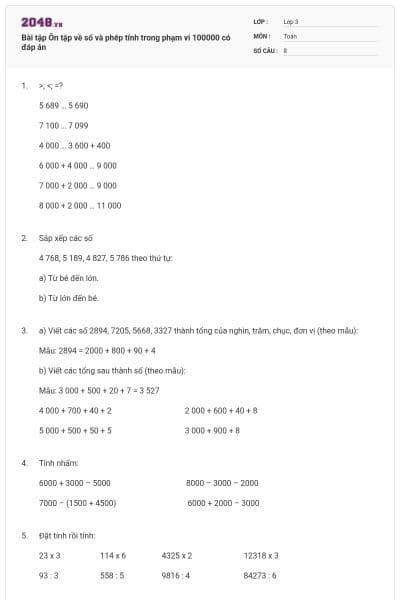 Bài tập Ôn tập về số và phép tính trong phạm vi 100000 có đáp án
