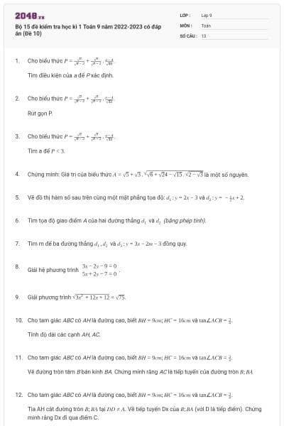 Bộ 15 đề kiểm tra học kì 1 Toán 9 năm 2022-2023 có đáp án (Đề 10)