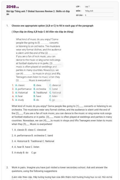 Bài tập Tiếng anh 7 Global Success Review 2. Skills có đáp án