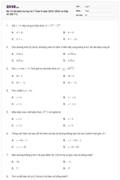 Bộ 15 đề kiểm tra học kì 1 Toán 9 năm 2022-2023 có đáp án (Đề 11)