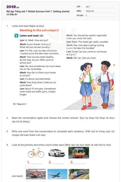 Bài tập Tiếng anh 7 Global Success Unit 7. Getting started có đáp án