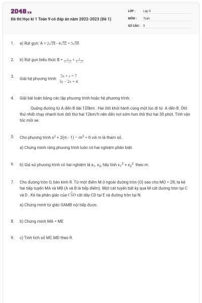 Đề thi Học kì 1 Toán 9 có đáp án năm 2022-2023 (Đề 1)