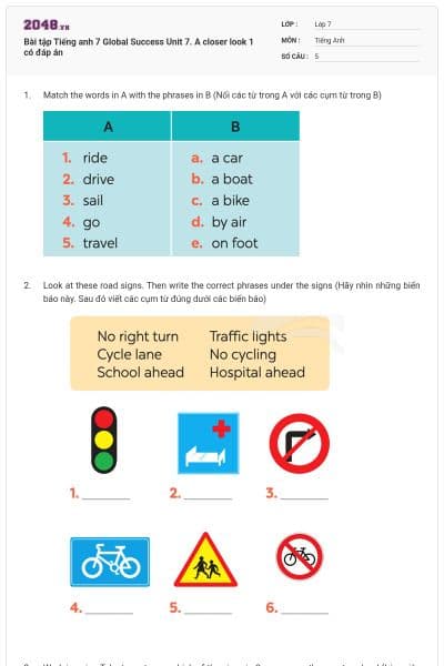 Bài tập Tiếng anh 7 Global Success Unit 7. A closer look 1 có đáp án