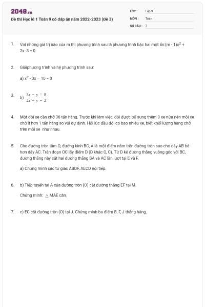 Đề thi Học kì 1 Toán 9 có đáp án năm 2022-2023 (Đề 3)