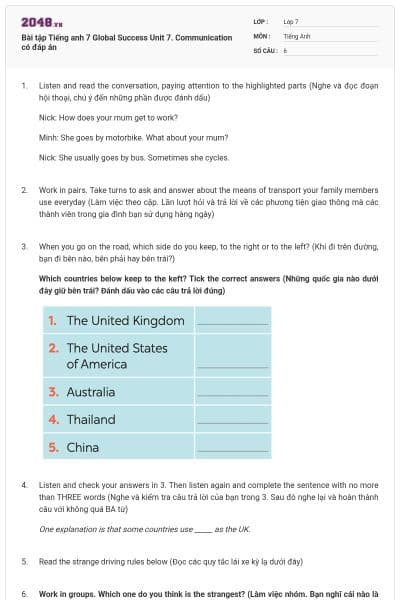 Bài tập Tiếng anh 7 Global Success Unit 7. Communication có đáp án