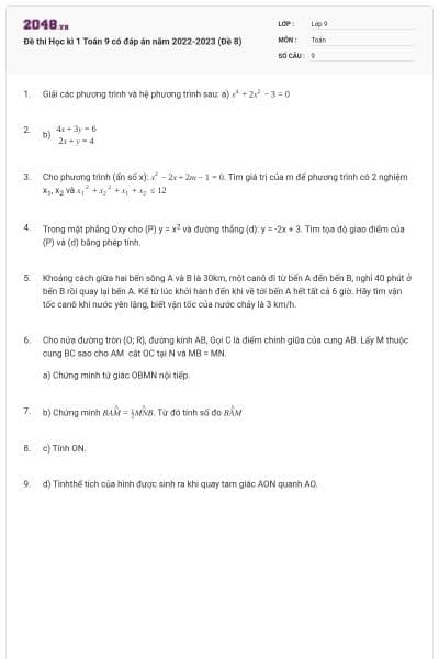 Đề thi Học kì 1 Toán 9 có đáp án năm 2022-2023 (Đề 8)