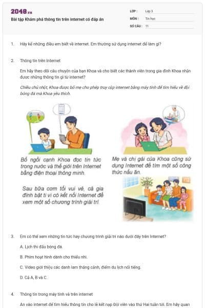 Bài tập Khám phá thông tin trên internet có đáp án