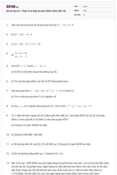 Đề thi Học kì 1 Toán 9 có đáp án năm 2022-2023 (Đề 10)
