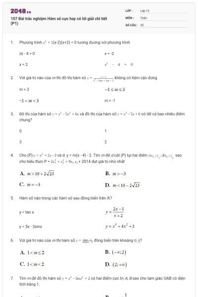 107 Bài trắc nghiệm Hàm số cực hay có lời giải chi tiết (P1)