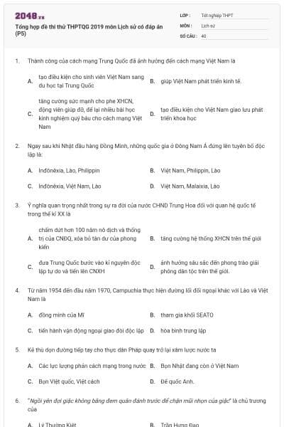 Tổng hợp đề thi thử THPTQG 2019 môn Lịch sử có đáp án (P5)