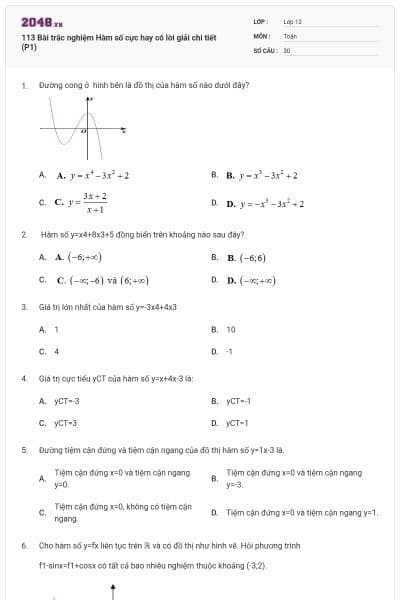 113 Bài trắc nghiệm Hàm số cực hay có lời giải chi tiết (P1)