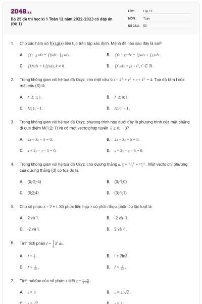 Bộ 25 đề thi học kì 1 Toán 12 năm 2022-2023 có đáp án (Đề 1)
