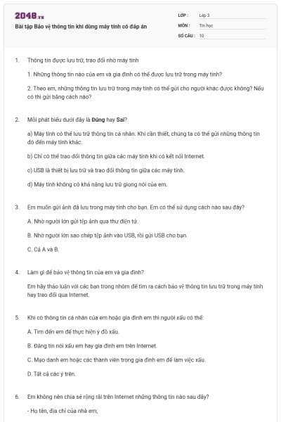 Bài tập Bảo vệ thông tin khi dùng máy tính có đáp án