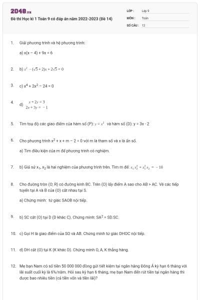 Đề thi Học kì 1 Toán 9 có đáp án năm 2022-2023 (Đề 14)
