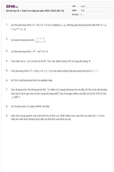 Đề thi Học kì 1 Toán 9 có đáp án năm 2022-2023 (Đề 15)