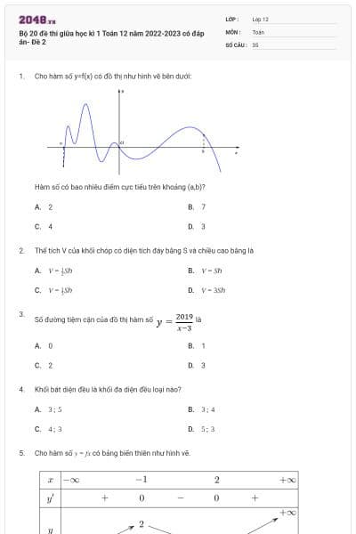 Bộ 20 đề thi giữa học kì 1 Toán 12 năm 2022-2023 có đáp án- Đề 2