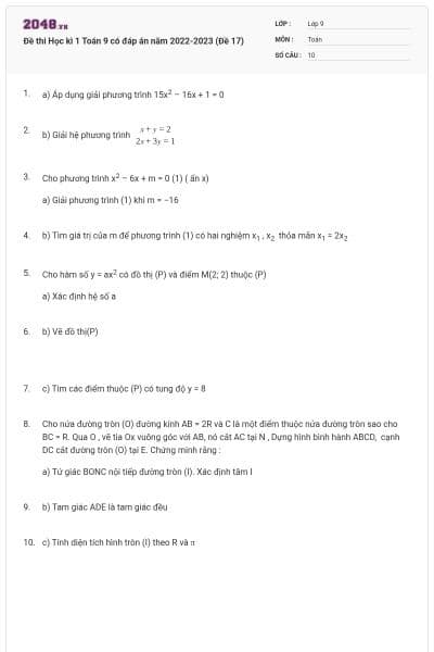 Đề thi Học kì 1 Toán 9 có đáp án năm 2022-2023 (Đề 17)
