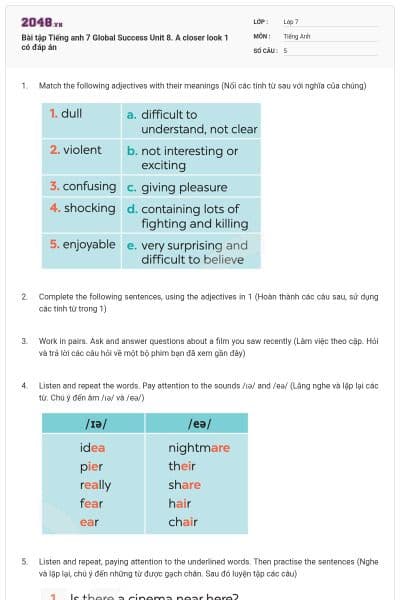 Bài tập Tiếng anh 7 Global Success Unit 8. A closer look 1 có đáp án