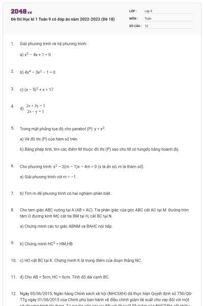 Đề thi Học kì 1 Toán 9 có đáp án năm 2022-2023 (Đề 18)