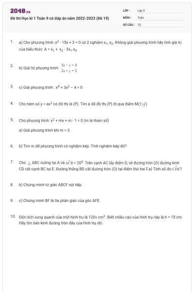 Đề thi Học kì 1 Toán 9 có đáp án năm 2022-2023 (Đề 19)
