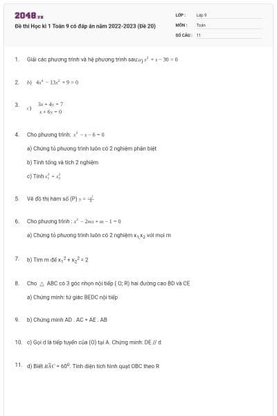 Đề thi Học kì 1 Toán 9 có đáp án năm 2022-2023 (Đề 20)