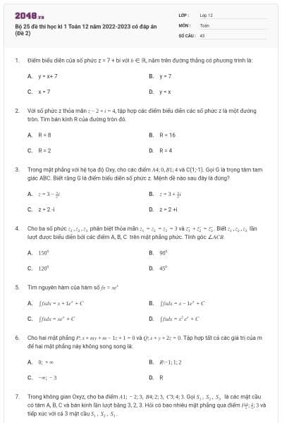 Bộ 25 đề thi học kì 1 Toán 12 năm 2022-2023 có đáp án (Đề 2)